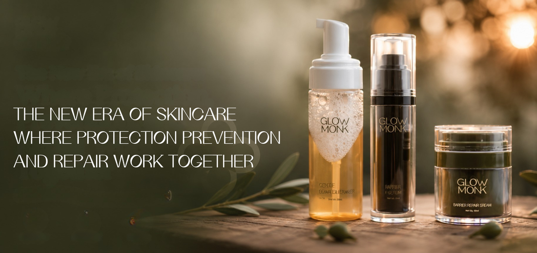Radiant skin with serum, moisturizer, and skincare products.