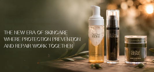 Radiant skin with serum, moisturizer, and skincare products.